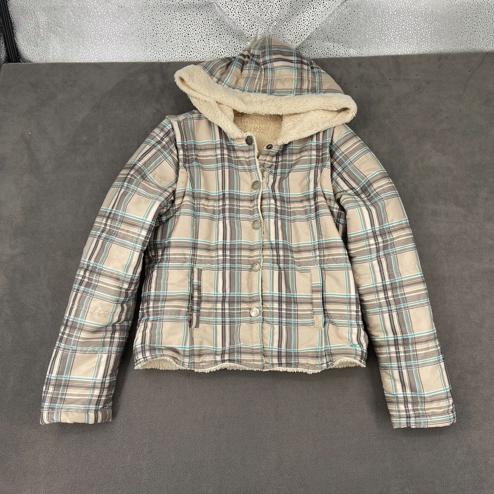 Y2K O'Neill Vintage Hooded Jacket Sz S Multicolor Plaid Sherpa Lined Soft Rare